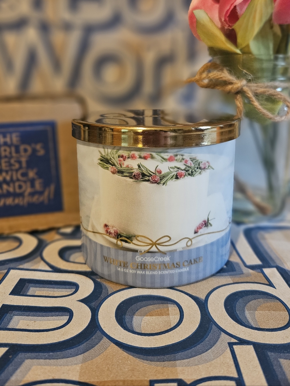 NWT Goose Creek White Christmas Cake 3-Wick Candle - Blue and Gold